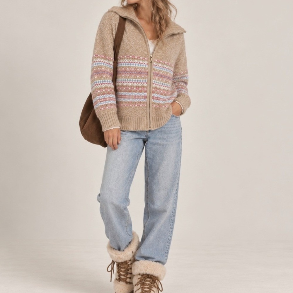 Vintage Sweater Fair Isle Knit Medium Tan Y2K 90s Cottage Ski Scandigirl Winter